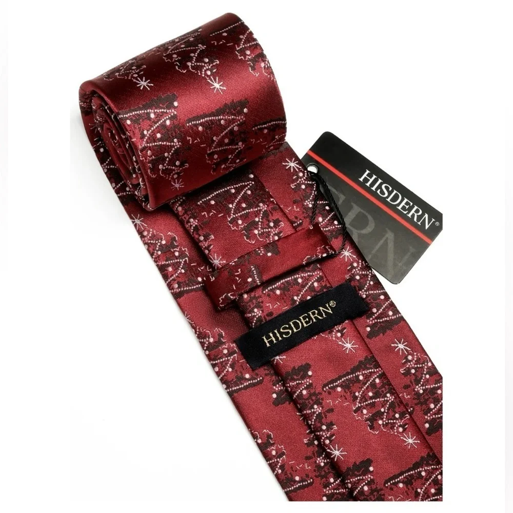 HISDERN burgundy Christmas Tree Men's Tie